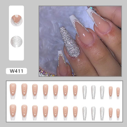 24Pcs Brown Long Coffin False Nails Glitter Ballet Wearable with French Design Fake nails Full Press on Nail Ins Nail Tips Art Good Vibrations