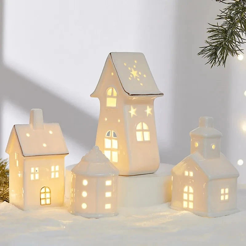 Christmas Ceramic Light Up Tree House Desktop Ornament Holiday Home Decor Tabletop Decoration Christmas Perfect Gift Idea Good Vibrations