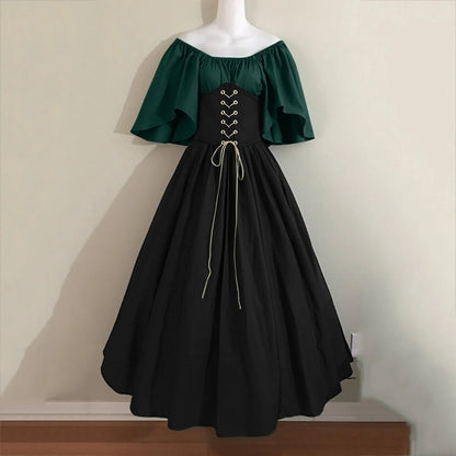 Halloween Costumes for Women Medieval Retro Contrasting Color Slim Swing Dress One-word Shoulder Dress Love Live Cosplay Good Vibrations