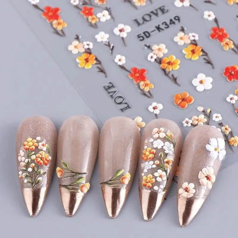 ★★★Colorful 5D Flower Embossed Nail Stickers Fresh Floral Designs Five-Petal Flower Self-Adhesive DIY Nail Art Decals Good Vibrations