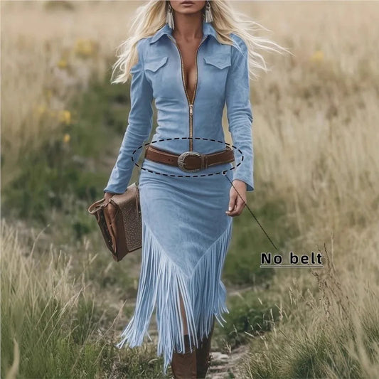 Autumn Winter Fashionable Western Denim Style Women's Dress Fashionable Solid Color Lapel Long Sleeve Suede Tassel Slim Dress Good Vibrations