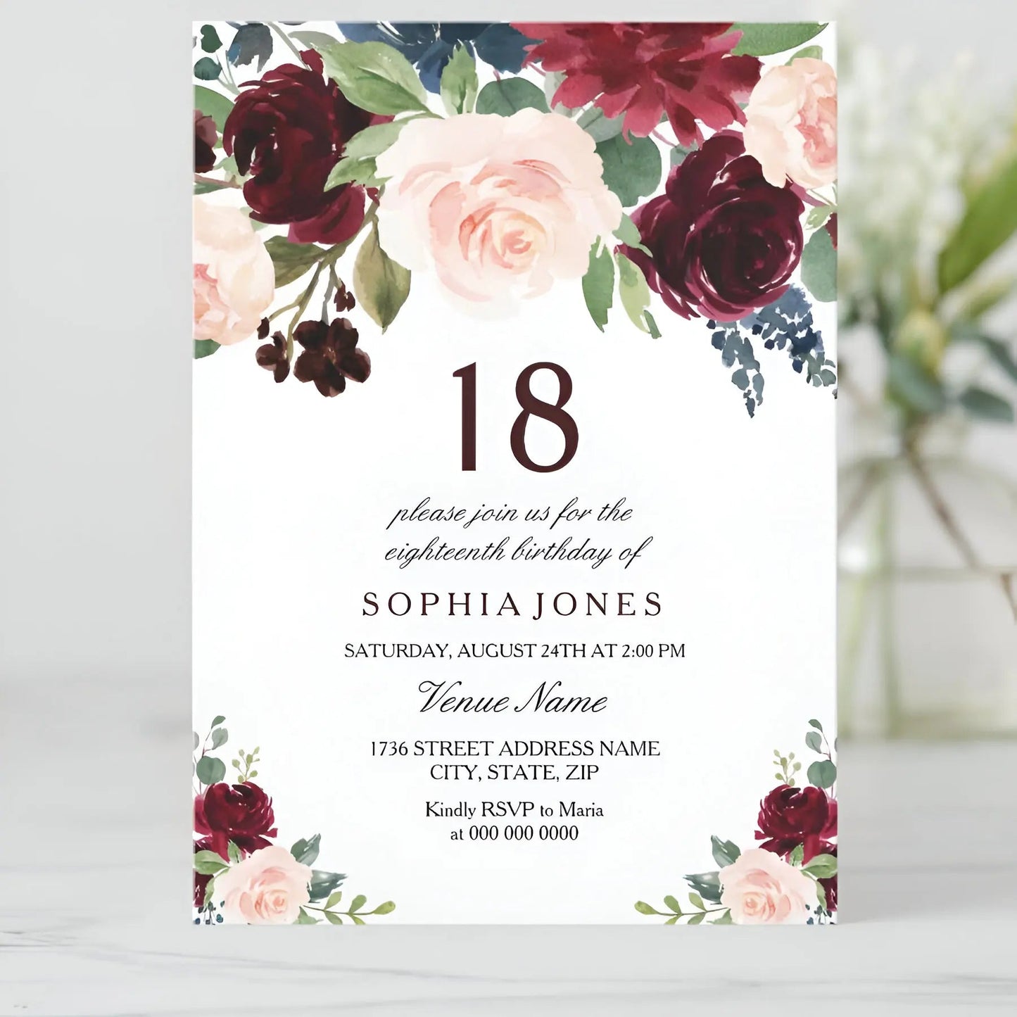 5/20/100pcs 18th birthday invitations, Watercolor Blue Floral birthday invitations 18, Sunflower Birthday Invitation Good Vibrations