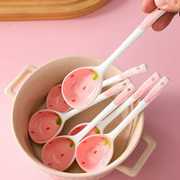 Kawaii Strawberry Ceramic Soup Spoon Cute Korean Ice Cream Hand Painted Coffee Dessert Long Handle Spoon Kitchen Accessories Good Vibrations
