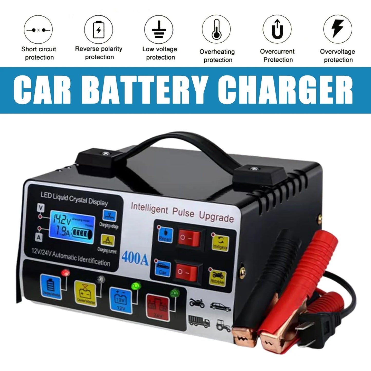 Metal Car Battery Charger 12V24V 220W Full Automatic Car Battery Charger Repair Battery Charger High Power Fast Charger Good Vibrations