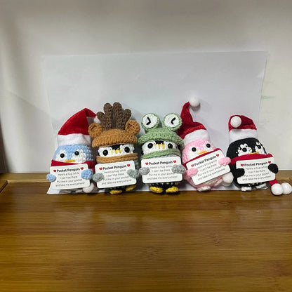 Crochet Energy Penguin Hug Pocket Mini Hand-woven Plush Wool Knitting Doll with Card Funny Christams Gift Home Room Decoration Good Vibrations