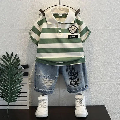 Boys Outfit T-Shirt and Jeans Korean Polo Fashion 2PCS Casual Clothing Korean Reviews  2025 Summer Top Toddler Kids Clothes Sets Good Vibrations