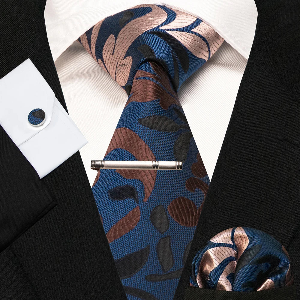 8cm Silk Mens Ties Green Black Ties plaid stripe NeckTie Pocket Square Cufflinks Tie clips Set Men's Wedding business Party Tie Good Vibrations