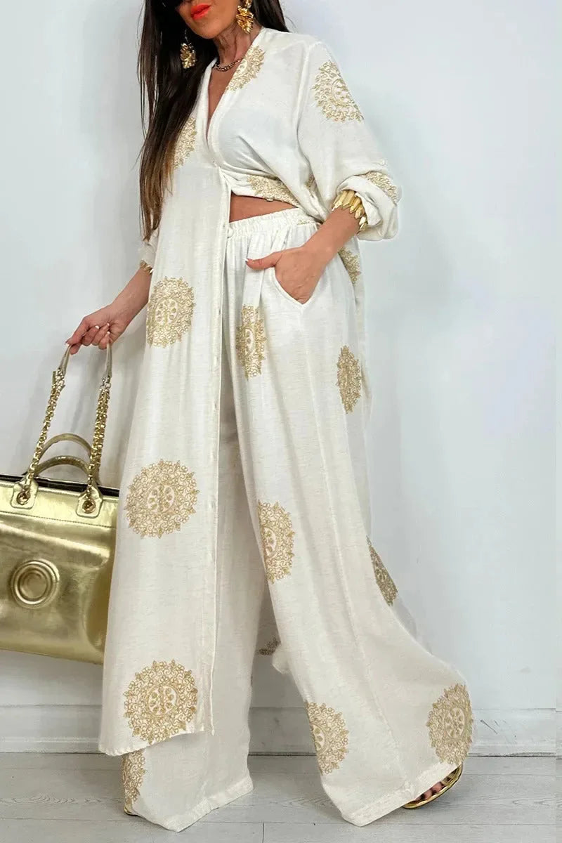 Robe Outfit Vintage Bohemia Loose Long Printed Robe Set Casual Button Shirt Blouses Wide Legs Pants Oversized Two-piece Outfit Good Vibrations