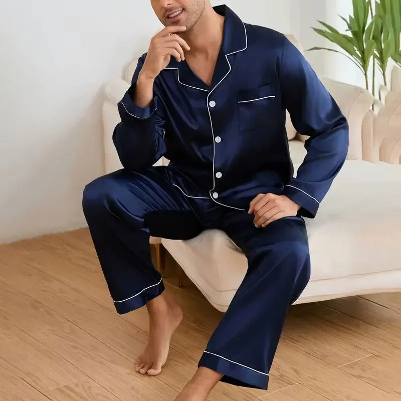 Men's Satin Pajama Set Linter Lapel Collar Long Sleeve Tops & Pants Sleepwear Button Down Loungewear Autumn Pyjama For Man Good Vibrations