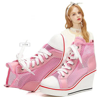 2025  Wedge Heel 8cm Height Increasing Net Shoes Thick Bottom Sandals Women's Casual Lace-up Shoes High-top Hollow Women's Shoes Good Vibrations