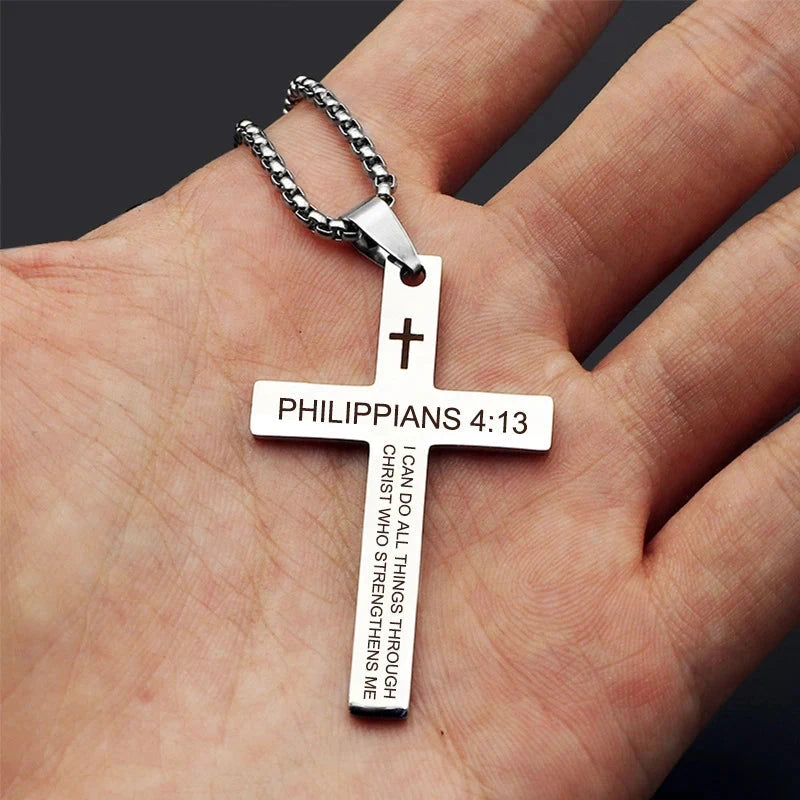 Christian Bible Verse Cross Pendant Necklace Stainless Steel Religious Scripture Prayer Jewelry Gifts Good Vibrations