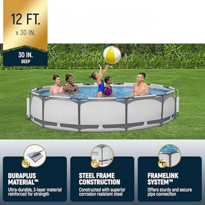 12 Foot by 30 Inch Round Above Ground Swimming Pool Set Outdoor Metal Frame Family Pool with Filter Pump Good Vibrations