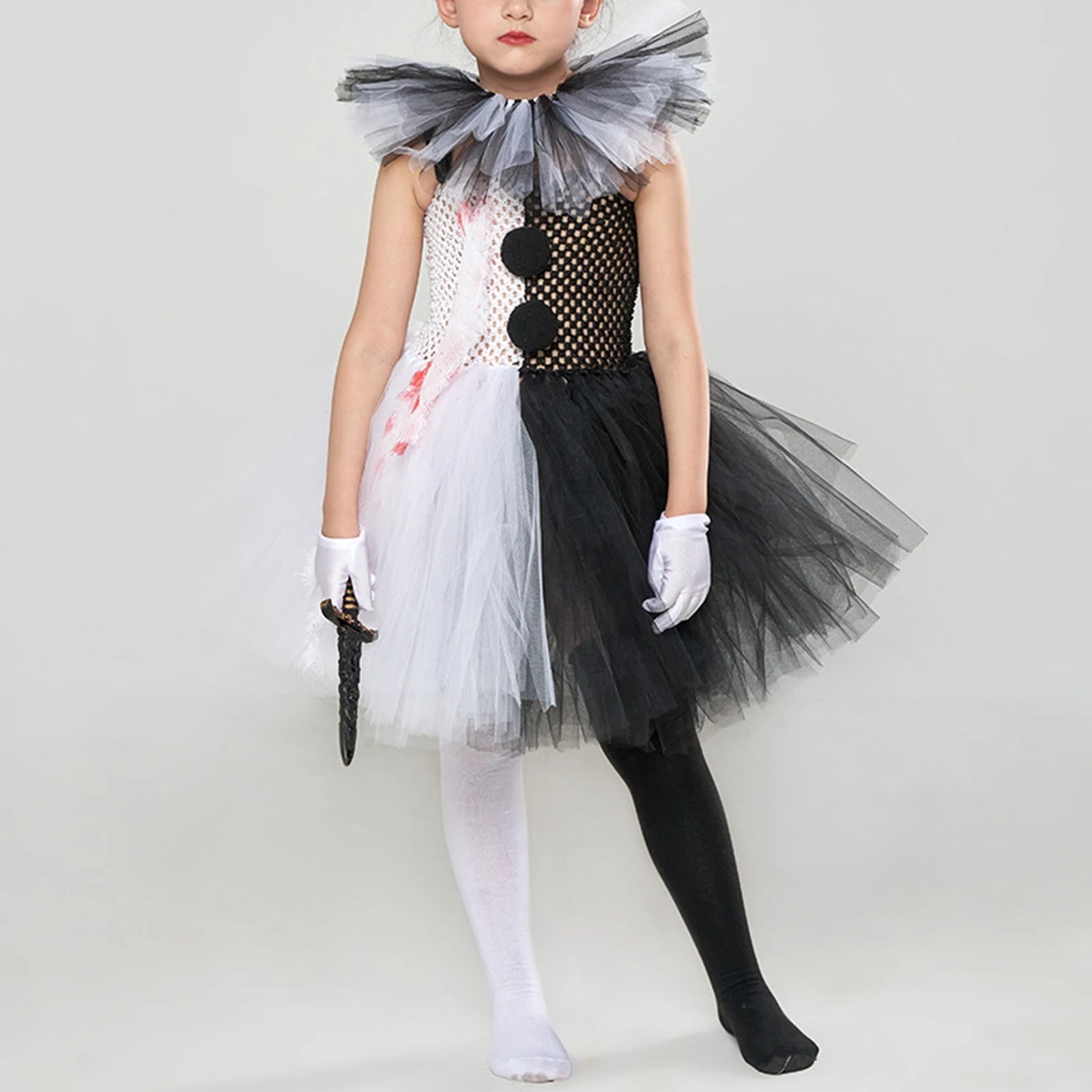 Halloween Clown Dress Bloodstained Black and White Colorblocking Girls Cosplay TUTU Dress Costume Good Vibrations