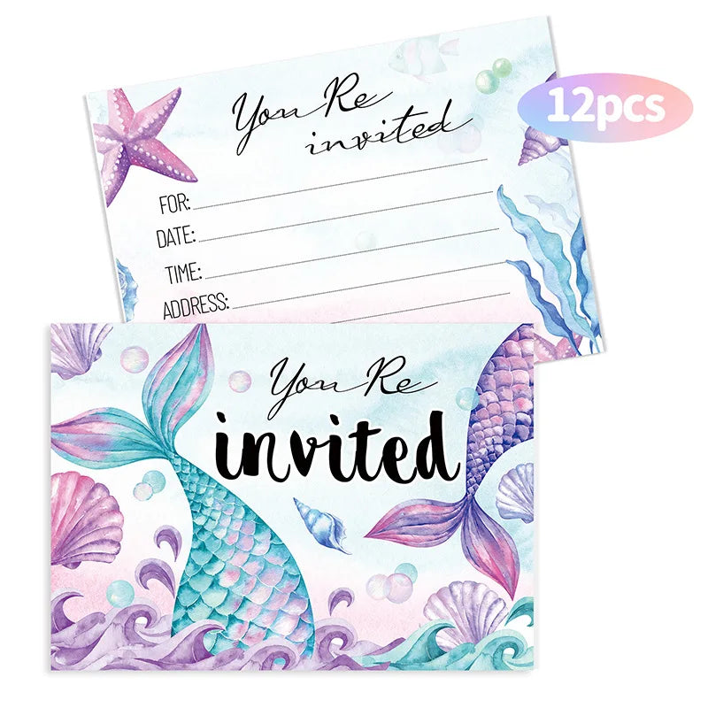 12pcs Mermaid Invitation Cards, Double-Sided Birthday Party Invites, Underwater Theme Party Decorations Supplies Good Vibrations