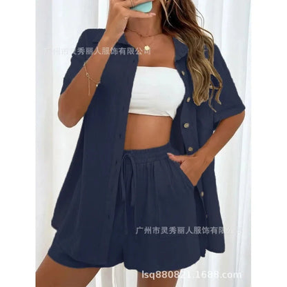 Fashion Black Short Sleeve Shirt And Shorts Two Piece Sets Women 2025 Summer Cotton Linen Casual Home 2 Piece Sets Women Outfit Good Vibrations