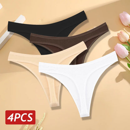 4PCS/Set Women Cotton Panties Seamless Low Rise Thongs V-Waist Solid Color Breathable Underwear Female Soft Lingerie Intimates Good Vibrations