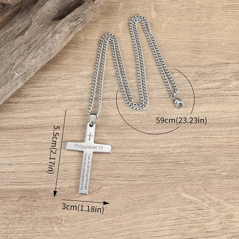 Philippians 4:13 Men's Simple Cross Pendant Necklace Stainless Steel Religious Amulet Jewelry Unisex Bijoux Good Vibrations
