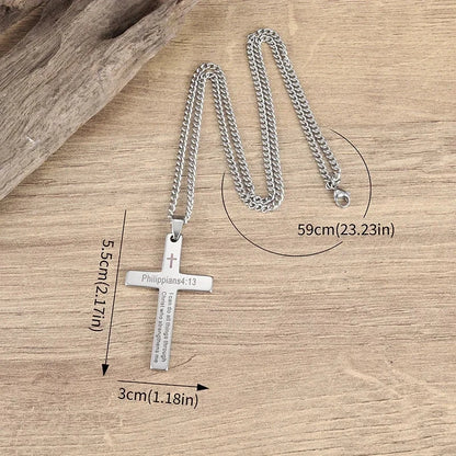 Philippians 4:13 Men's Simple Cross Pendant Necklace Stainless Steel Religious Amulet Jewelry Unisex Bijoux Good Vibrations