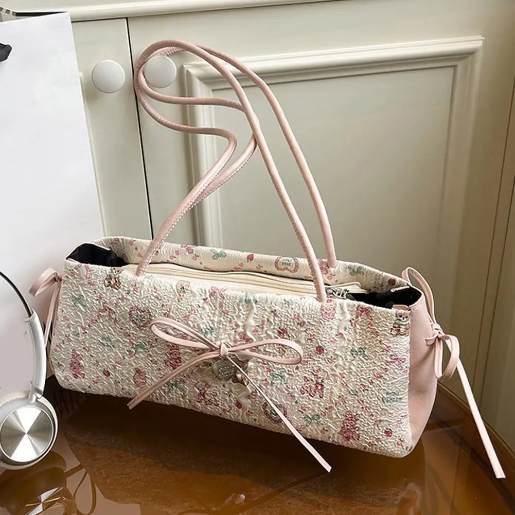Cartoon Print Shoulder Bag Sweet Women Bow Underarm Bag Commuter Versatile Handbag Pleated Tote Bag Casual Practical Bag Good Vibrations