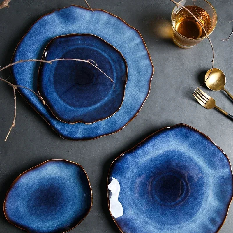 Ceramic Plates Deep Blue Irregular Flat Plate Pottery Dish Household Decoration Tableware Dinnerware Tray Hotel Kitchen Supplies Good Vibrations