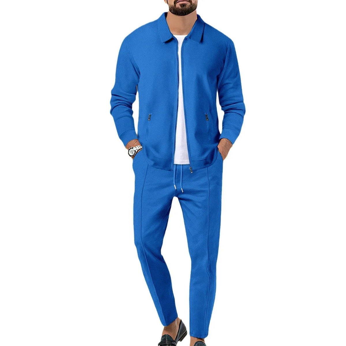 2026 Coat Fall Waffle Zip Pocket Lapel Slim Cardigan Men's Jacket Set Good Vibrations