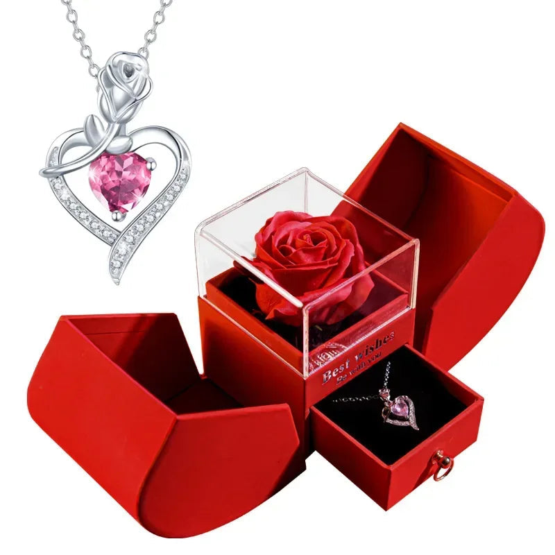 Gift for Women Eternal Rose Gift Box /w Heart Necklace I Love You To The Moon and Back Flower Jewelry Box for Wedding Birthday Good Vibrations