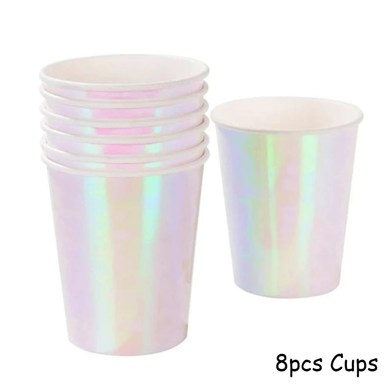 Rose Gold Disposable Tableware sets Paper Plates/cups/straws Iridescent Wedding Birthday Party Decor rainbow Dish Party Supplies Good Vibrations
