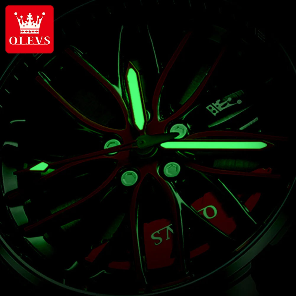 OLEVS Watch for Men 360° Rotary Dial Sport Car Rim Wheel Hub Waterproof Luminous Fashion Stainless Steel Men's Quartz Wristwatch Good Vibrations