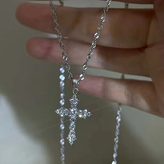 Shiny Crystal Zircon Cross Pendant Necklace for Women Girls Punk Silver Color Thin Chain Necklace Party Jewelry Birthday Gift Good Vibrations
