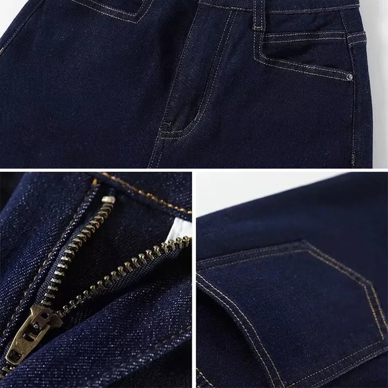 Girls Fashion Korean Straight Casual Jeans Female Baggy High Waist Wide Leg Denim Pants Women Classic Wash Dark-blue Trousers Good Vibrations