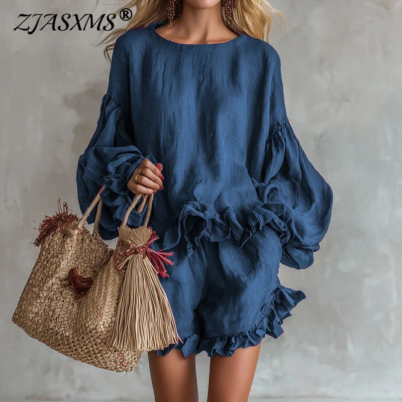 Bohemian Casual Vacation Outfits Woman Elegant O Neck Ruffle Hem Top And Beach Shorts Set Spring Solid Loose Fit Streetwear Suit Good Vibrations