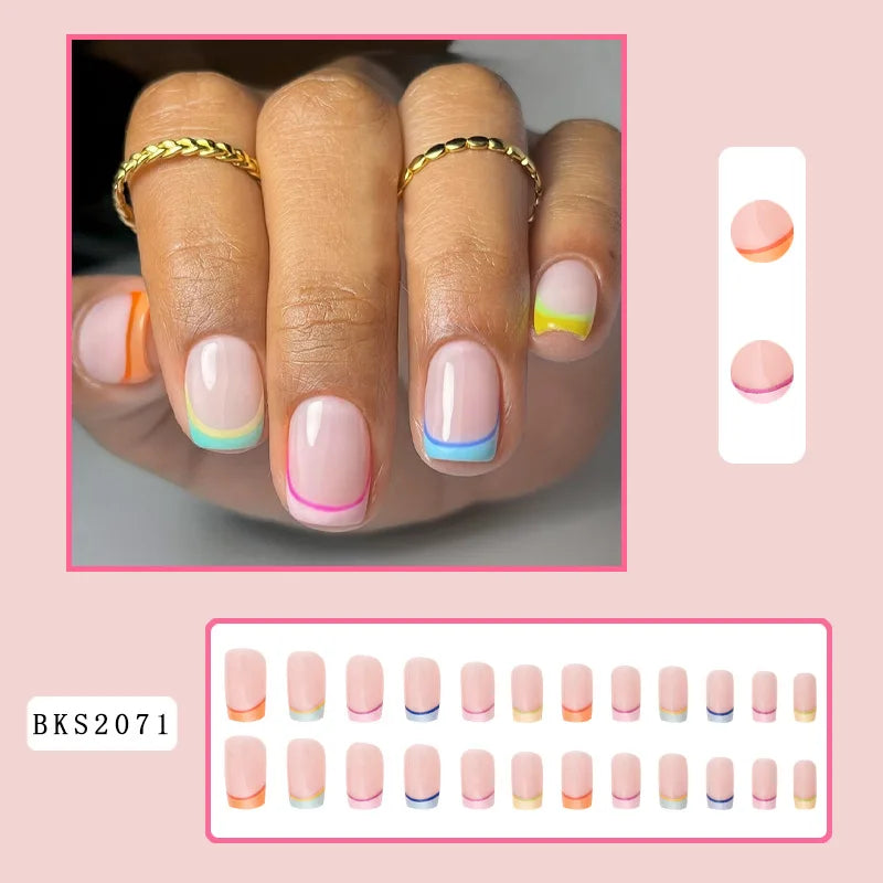 Pink French Style Fake Nails Pink Gradient Press on Nails Sweet Girls Charms Manicure Square Head Ballerina False Nails Patches Good Vibrations