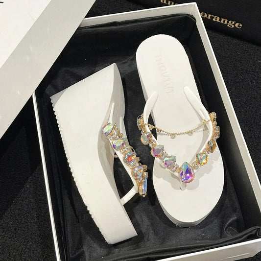 Flip Flops Women New High Heeled Slippers Women Diamond Slope Heel Slippers Elegant Fashion Beach Sandals Womens Sexy Shoes Good Vibrations