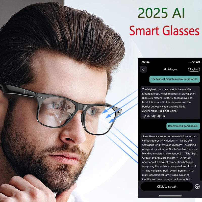high-tech AI smart glasses can be equipped with various lenses such as sunglasses, blue light, myopia, Men women smart glasses Good Vibrations