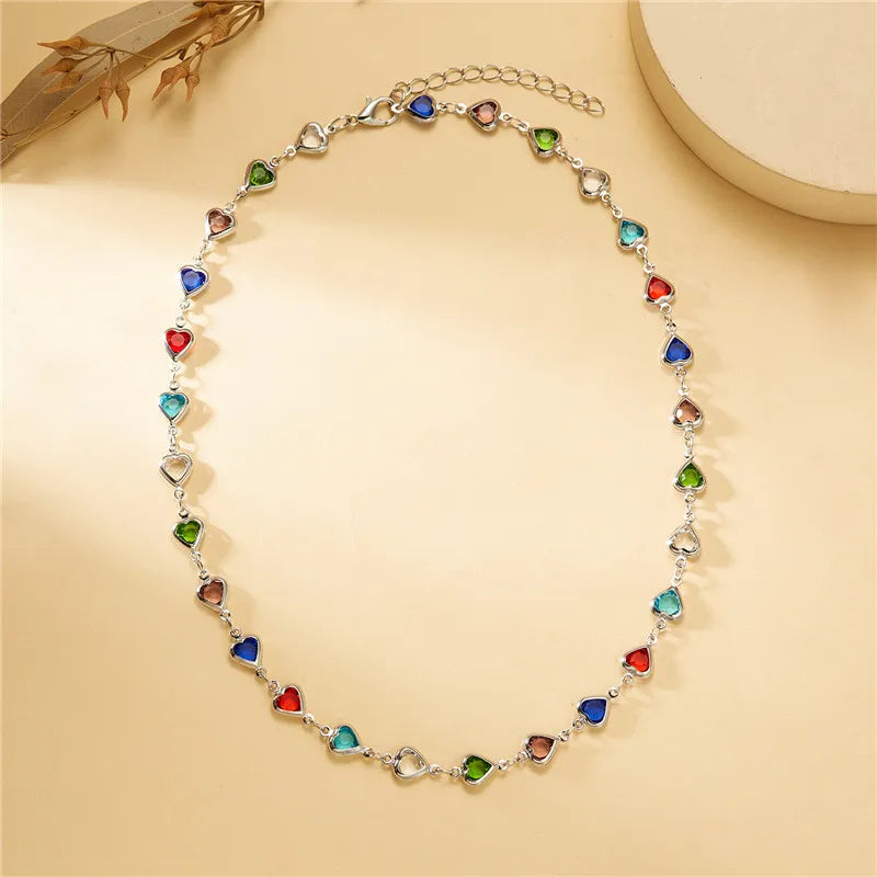 Exquisite Colorful Crystal Heart Choker Necklace For Women Charm Zircon Metal Chain Necklace Party Birthday Jewelry Gift Good Vibrations