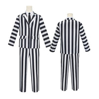 Men's Adult Halloween Costume Black and White Striped Suit Shirt and Tie Scary Costumes Spooky Beetla Halloween Cosplay Outfits Good Vibrations