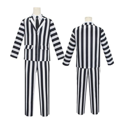 Men's Adult Halloween Costume Black and White Striped Suit Shirt and Tie Scary Costumes Spooky Beetla Halloween Cosplay Outfits Good Vibrations