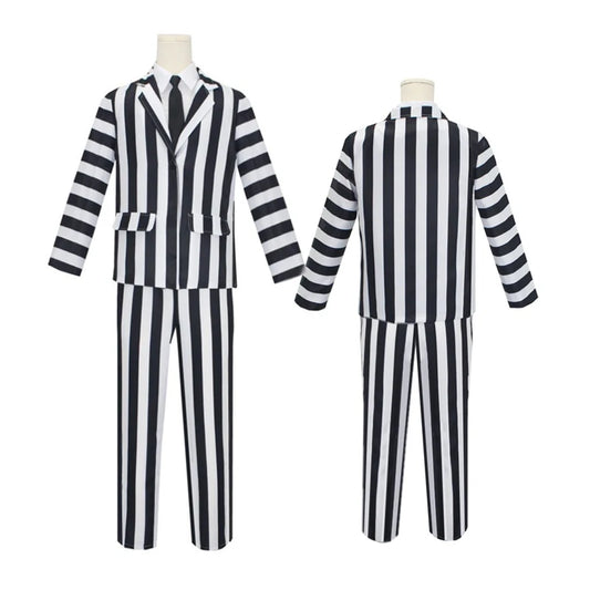 Men's Adult Halloween Costume Black and White Striped Suit Shirt and Tie Scary Costumes Spooky Beetla Halloween Cosplay Outfits Good Vibrations