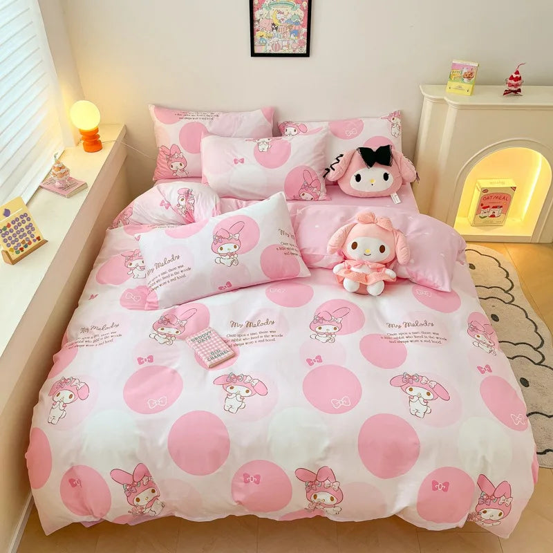 Sanrio 100% Cotton Bedding Set Cute Hello Kitty Kuromi Melody King Queen Pillowcase Bed Linens Girl Dorm Bedclothes Home Textile Good Vibrations