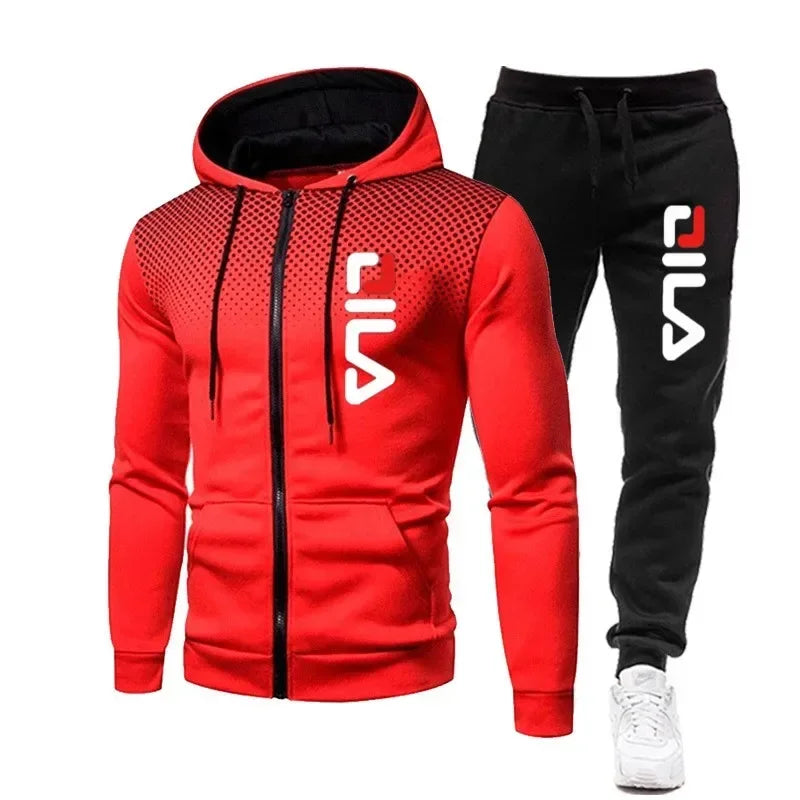 Mens Tracksuits+Sweatpants Two Pieces Suits 2025 Winter Print Zipper Hooded Sweatshirt Casual Fitness Jogging Sports Pants Sets Good Vibrations