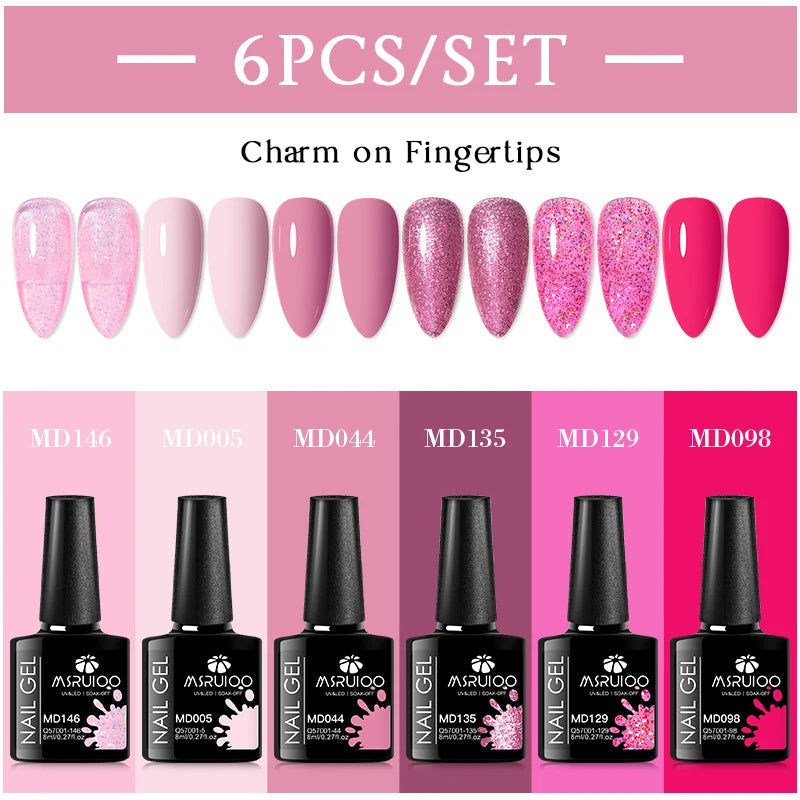 MSRUIOO 6pcs Nude Pink Gel Nail Polish Set Glitter Colorful Semi Permanent UV Gel Kits DIY Nail Art Painting Varnish Manicure Good Vibrations