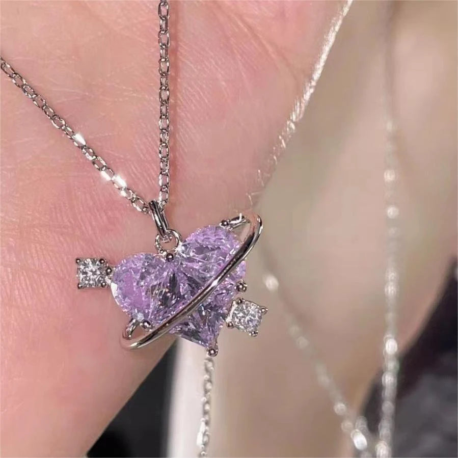 Y2K Pink Planet Heart Zircon Pendant Necklaces Women Fashion Aesthetic Clavicle Chain Necklace Valentines Day Gift Party Jewelry Good Vibrations
