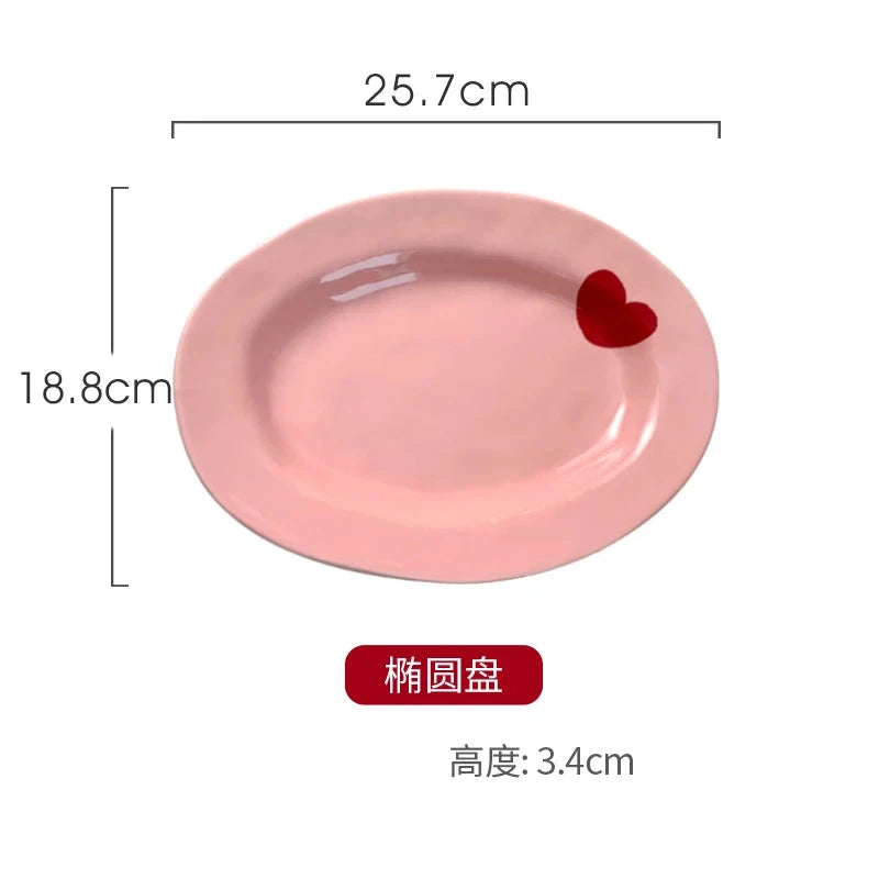 Salad Bowl Pink Heart Pattern Ceramic Plate Coffee Cup Children Dessert Bowl Household Cute Dinner Plates Restaurant Tableware Good Vibrations