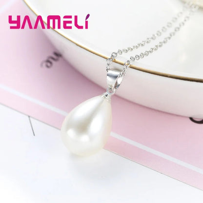 925 Sterling Silver Color Pearl Pendant Necklace Loop Hoop Earrings White Teardrop Women Girls Wedding Party Nice Gifts Good Vibrations Adult Super Store