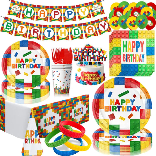 Building Block Birthday Party Decorations Colorful Blocks Disposable Paper Plate Napkin CupTablecloth Backdrop for Kids Supplies Good Vibrations