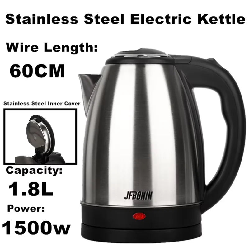 1.8L 220V Stainless Steel Electric Kettle Silver Black Base Separation Desion Rust-resistant Durable for Home During Travel Good Vibrations