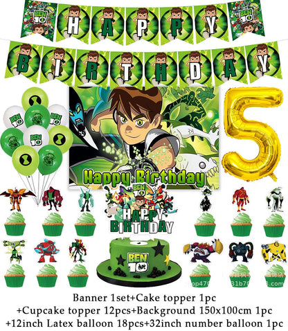 Cartoon Ben-10 Birthday Party Decoration Balloons Favor Set Banner Cake Toppers Baby Shower Boys Gift Party Supplies Photo Prop Good Vibrations
