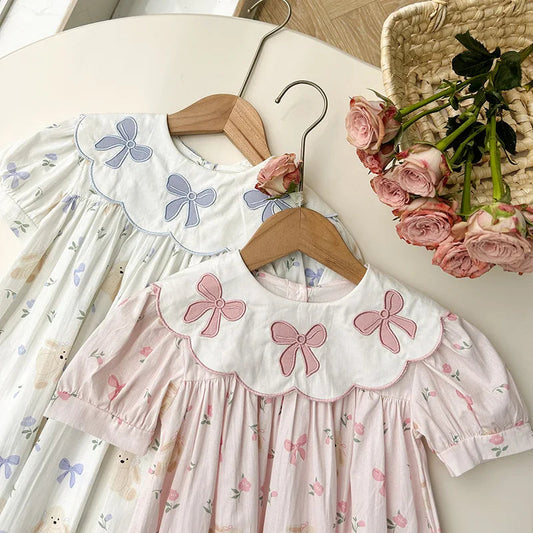 Girls Dress Children's Clothing Bow Embroidered Flower Collar Girls' Dress Summer Cartoon Printed Short Sleeved Princess Dress Good Vibrations
