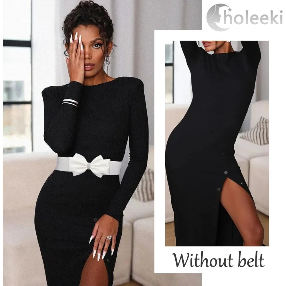 Women's Elastic Bow Belt Wide Rhinestone Stretch Belts Ladies Waist Accessories for Dress Jeans Good Vibrations