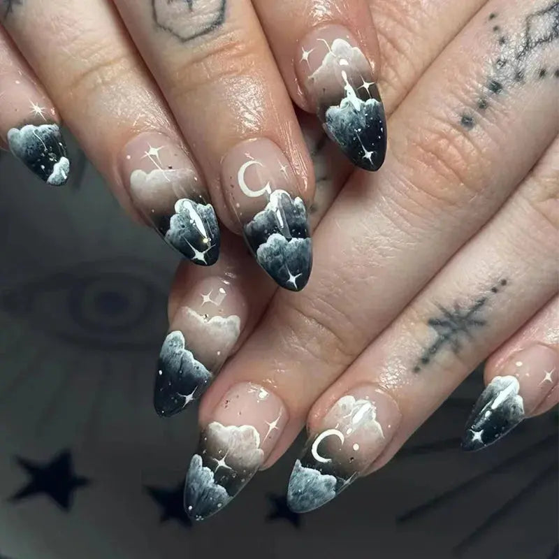 24Pcs Halloween False Nails with Almond Head Design Mid-length French Fake Nails Bat Wearable Oval Press on Nails Manicure Tools Good Vibrations